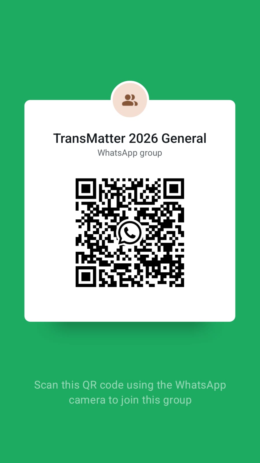 TransMatter 2026 Delegates WhatsApp group QR code — scan with WhatsApp camera to join